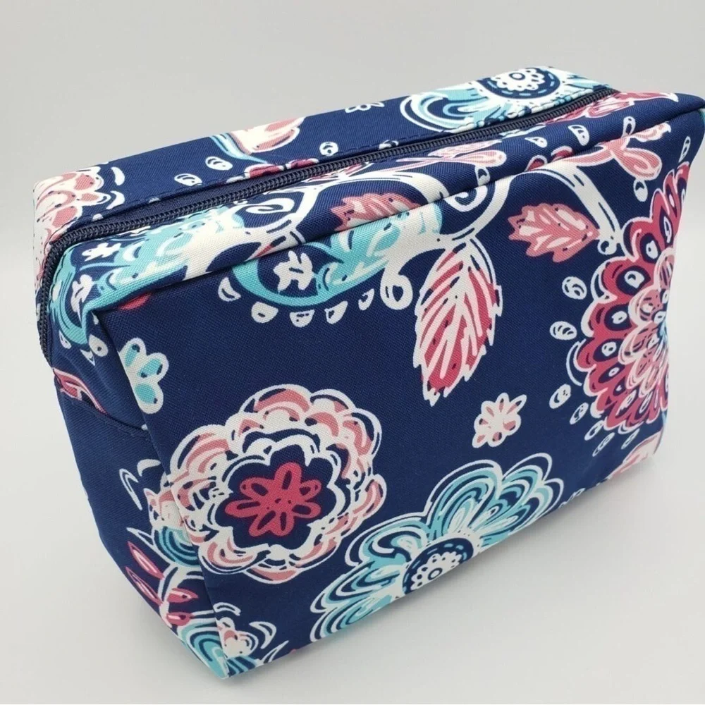 Medium Blue Floral Square Bottom Bag/ makeup/pencil T6